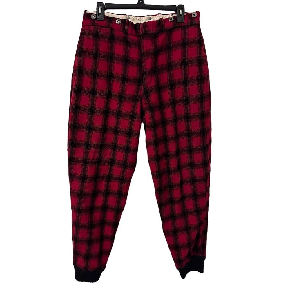 Vintage Woolrich Red & Black Buffalo‎ Plaid Wool Hunting Pants USA Size 34x30